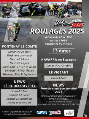 Calendrier 2025 des roulages sur piste organisés par Team Racing 85